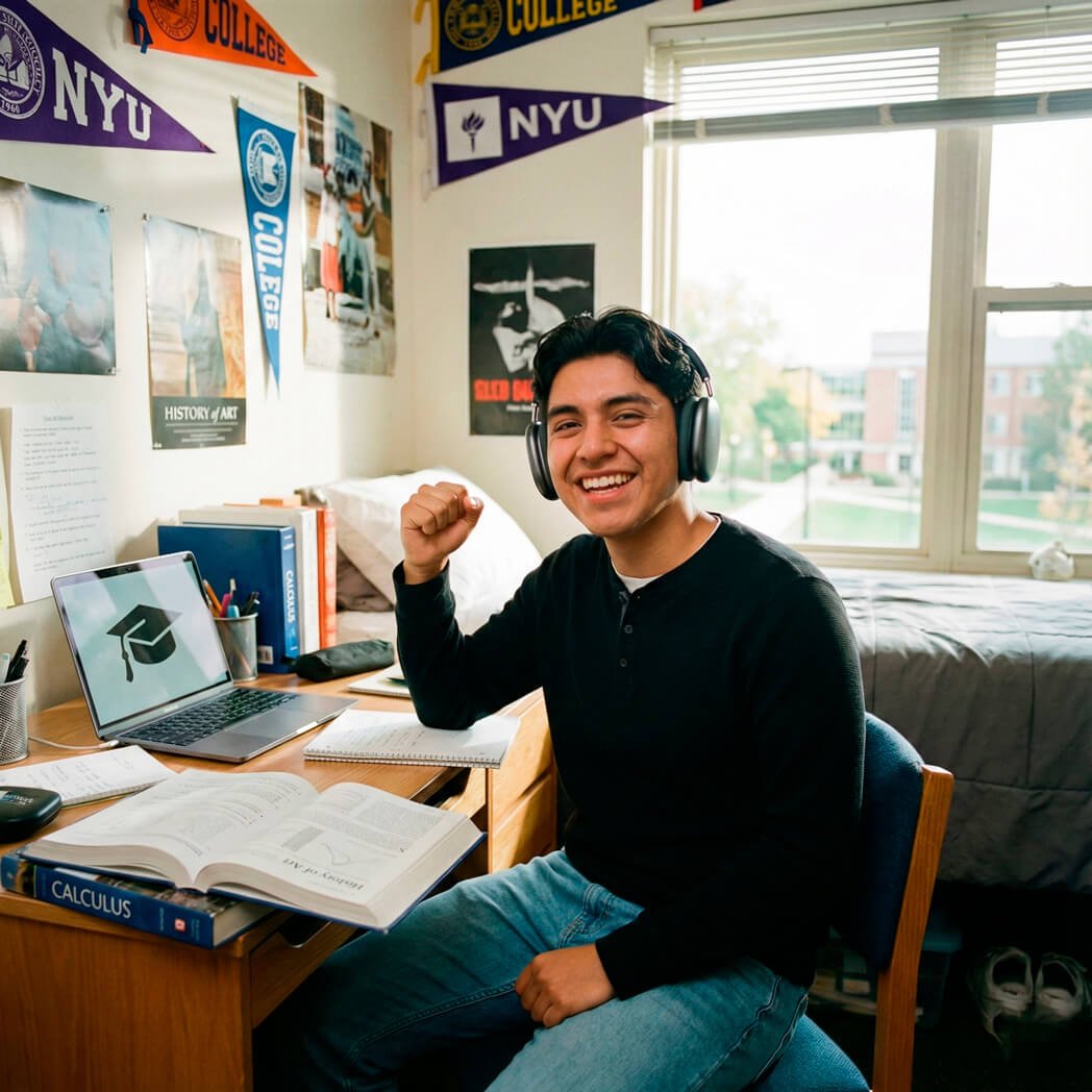 Estudiante latino exitoso usando clases de inglés online de TII